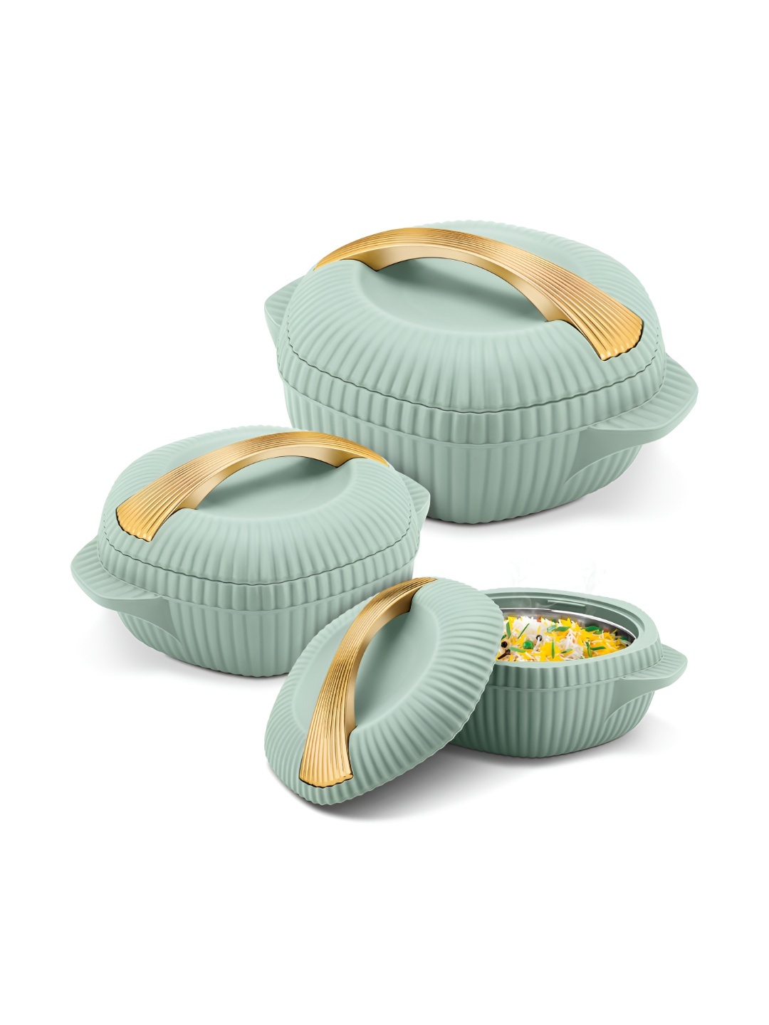 

Milton Oyster Jr. Green & Gold Toned 3 Pieces Textured Stainless Steel Casserole