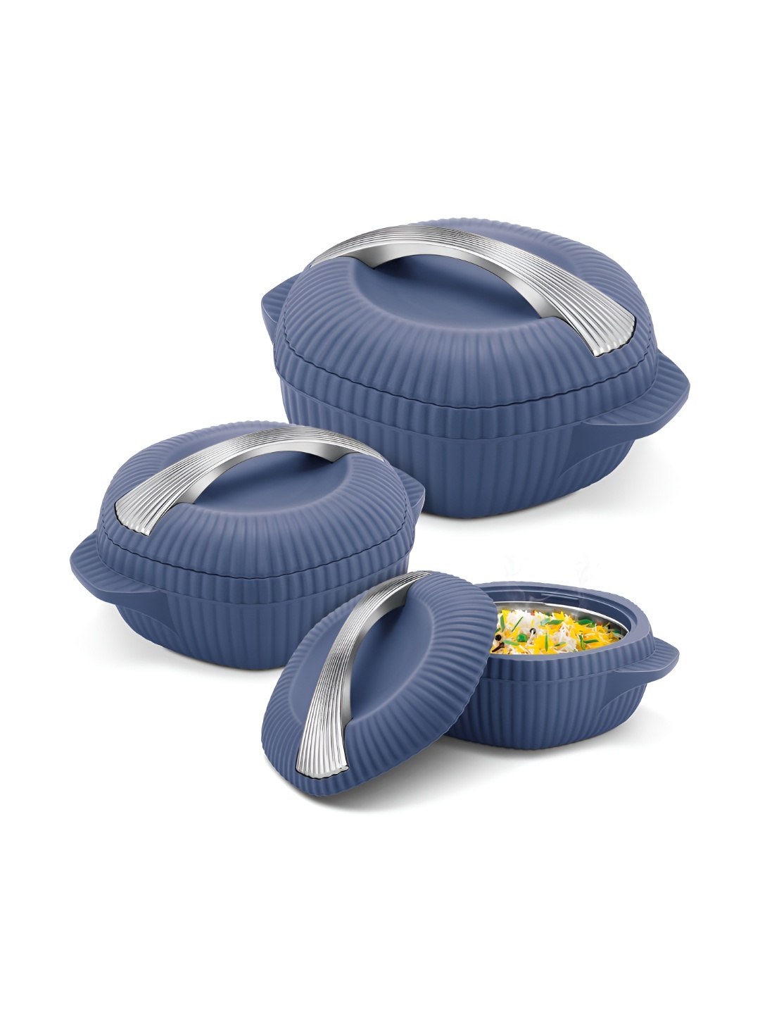 

Milton Oyster Jr. Blue & Silver Toned 3 Pieces Textured Stainless Steel Casserole