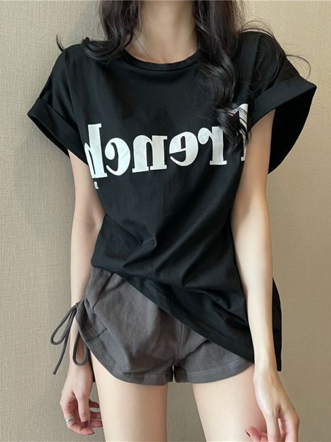 

KPOP Women Typography Printed Round Neck Top, Black