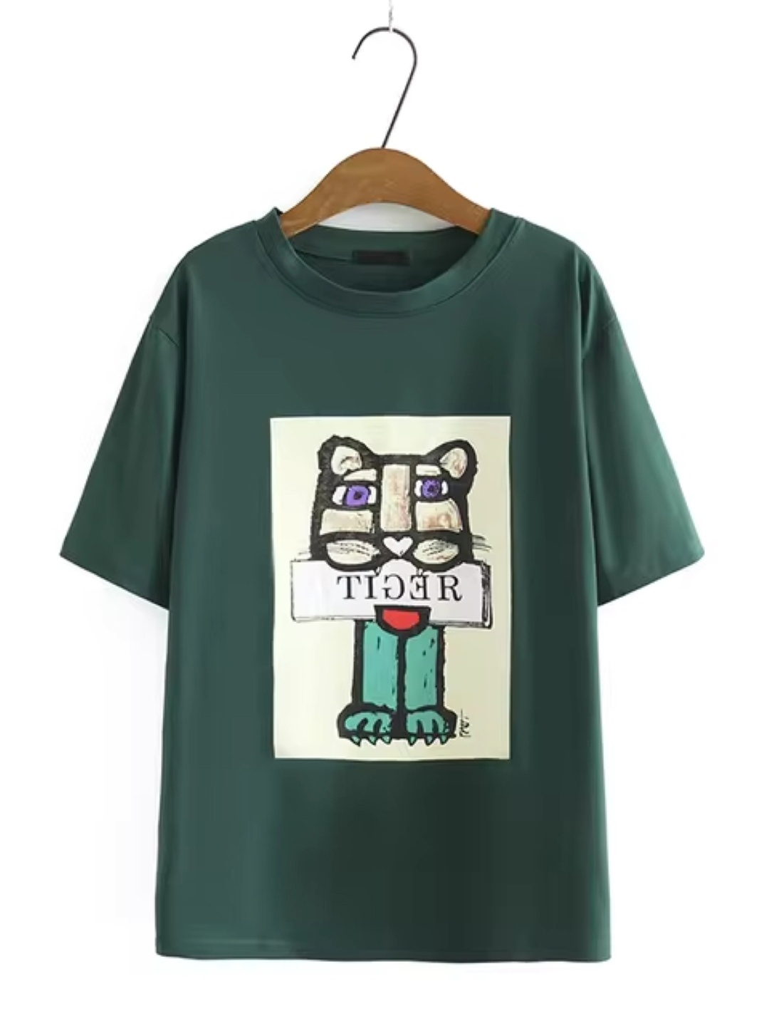 

KPOP Women Graphic Printed Round Neck Pure Cotton T-Shirt, Green