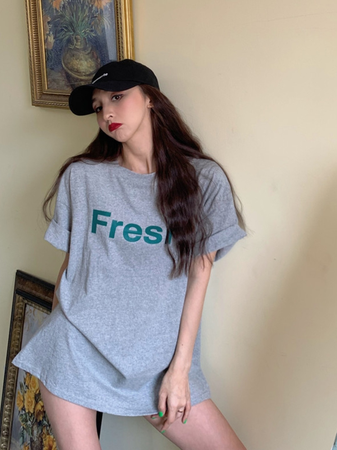 

KPOP Women Typography Printed Round Neck Top, Grey