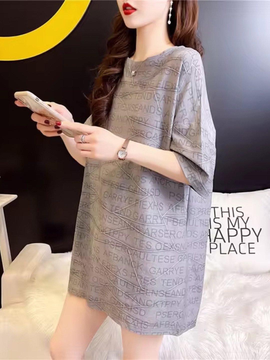 

KPOP Women Typography Printed Oversized T-shirt, Grey