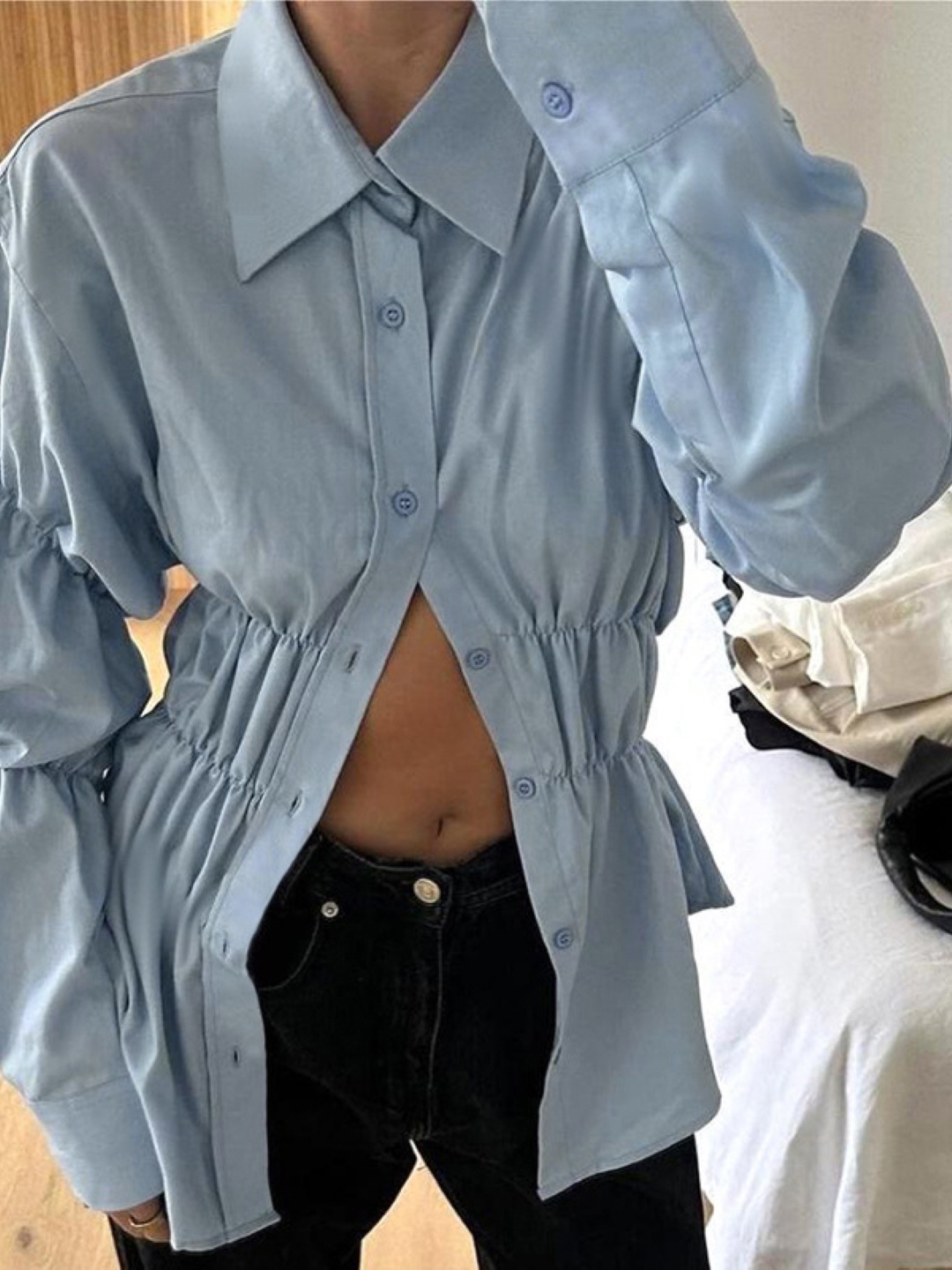 

KPOP Women Smocking Shirt Style Top, Blue