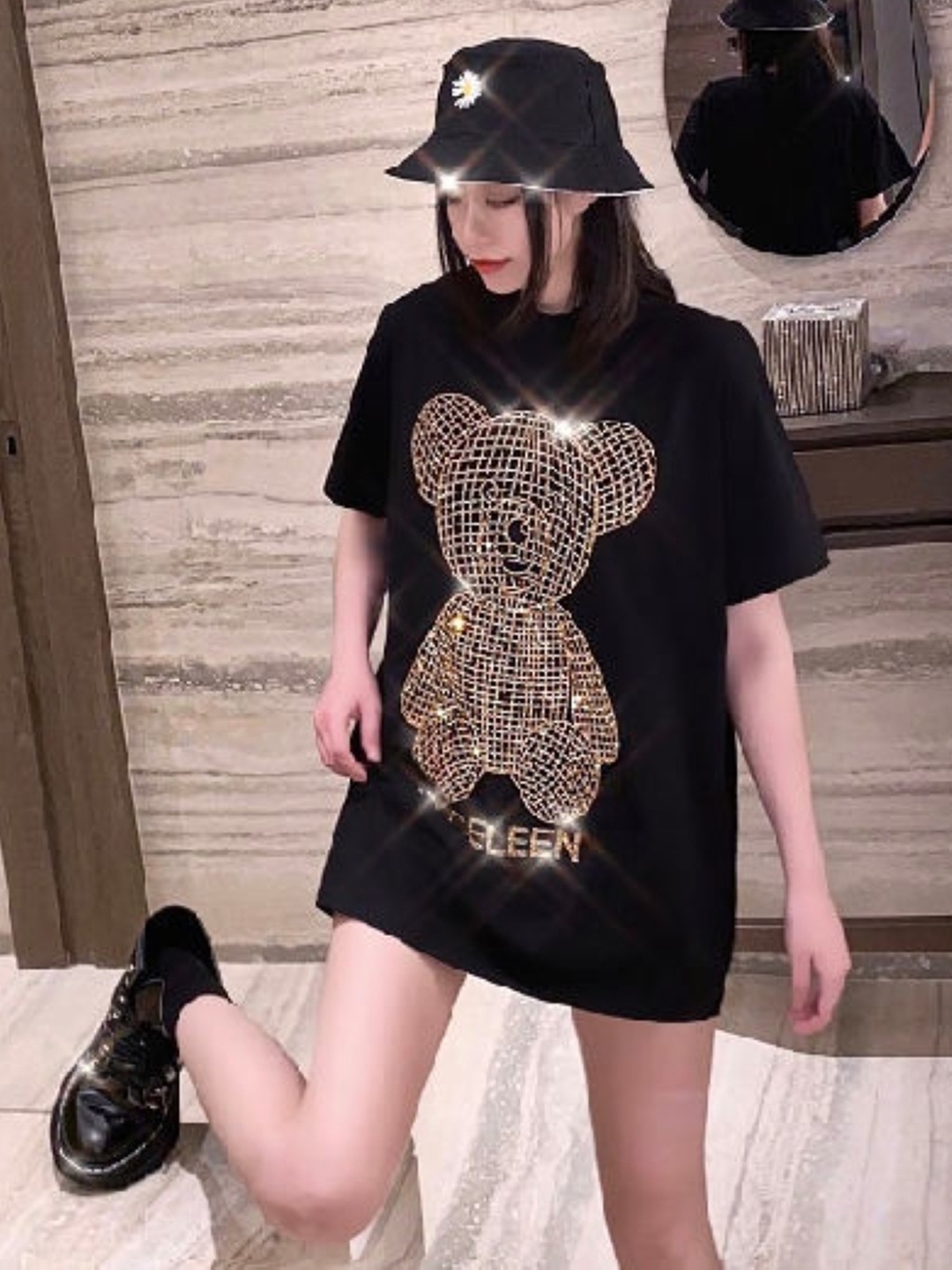

KPOP Women Solid Embellished Oversized T-shirt, Black