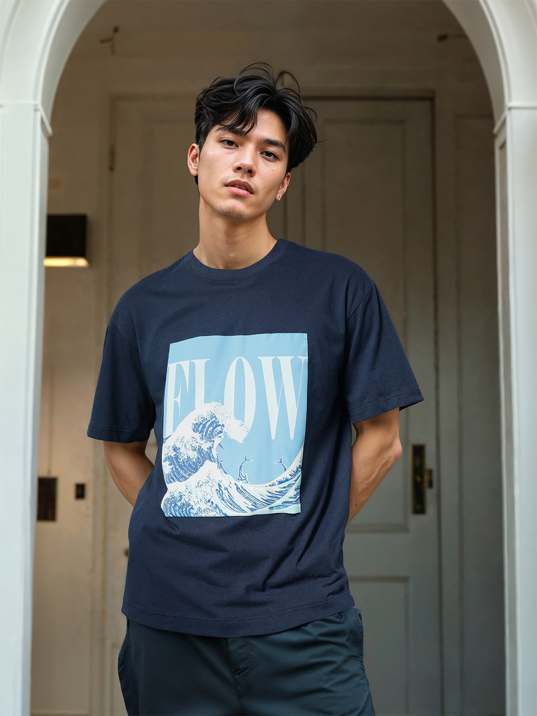 

H&M Round Neck Printed T-Shirt, Navy blue