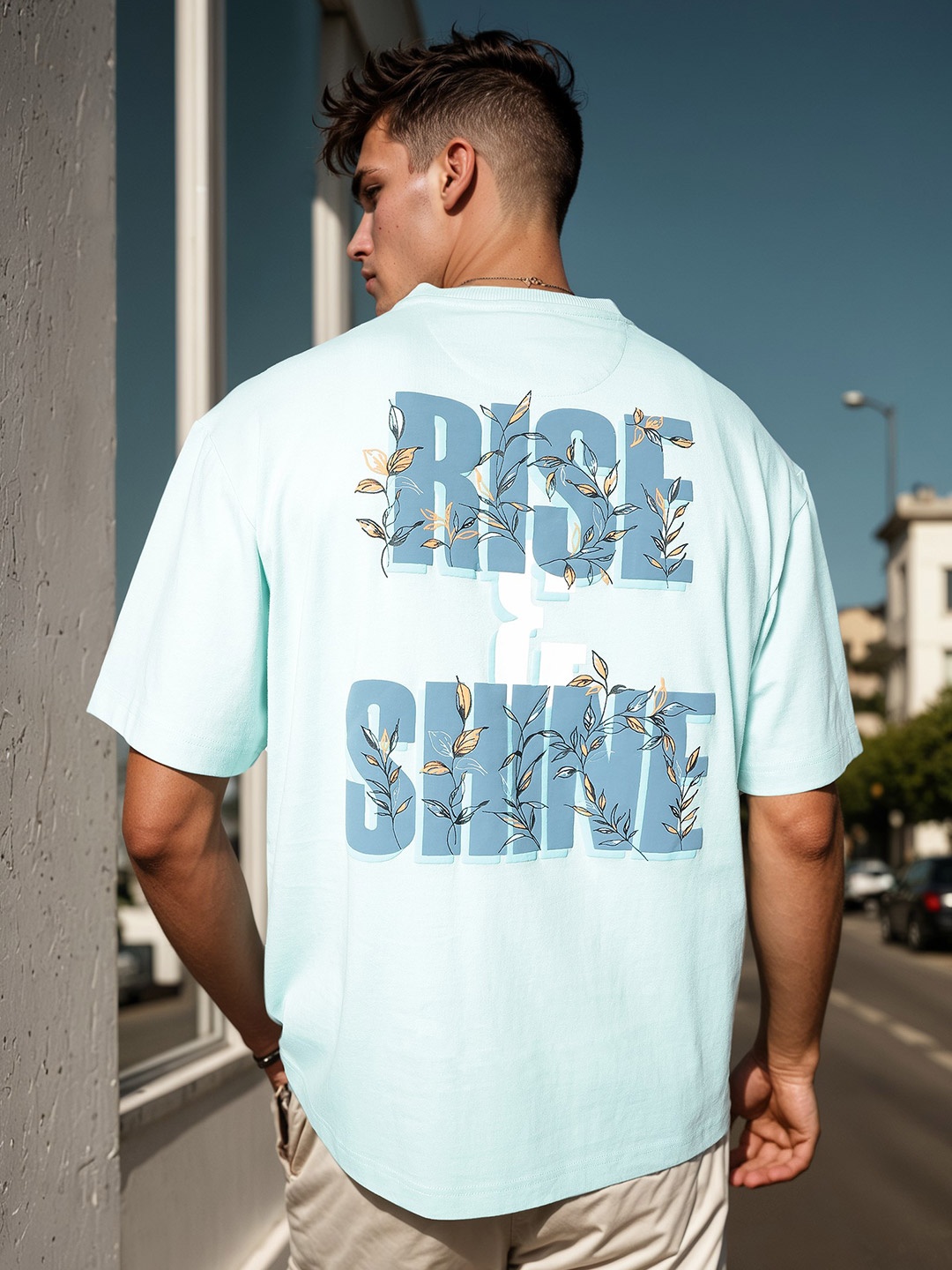

H&M Round Neck Printed T-Shirt, Turquoise blue