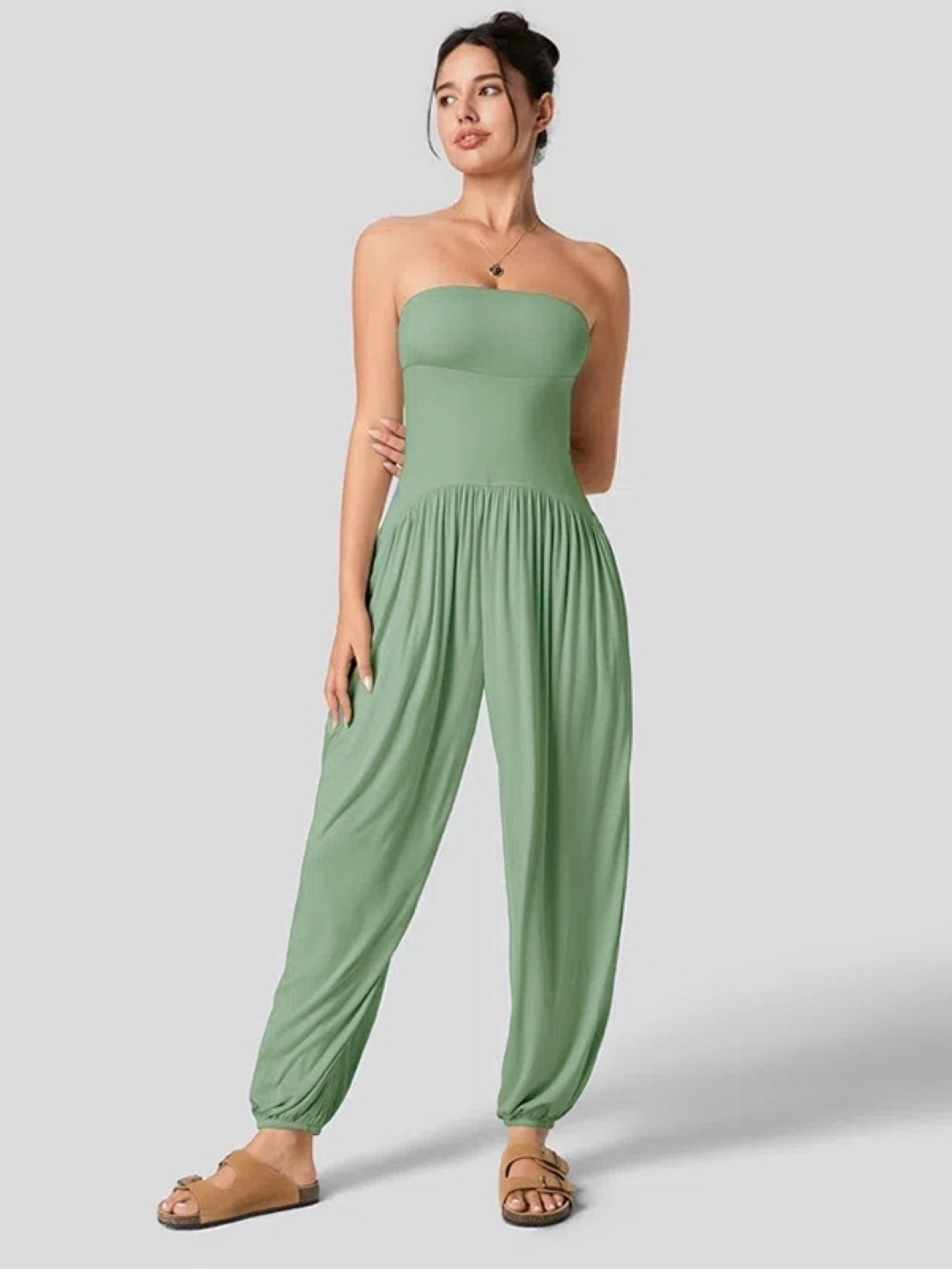 

KPOP Women Solid Off-Shoulder Sleeveless Basic Jumpsuit, Green