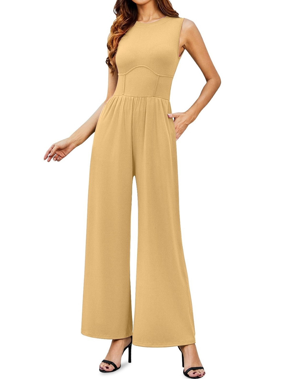 

KPOP Women Solid Round Neck Sleeveless Basic Jumpsuit, Khaki