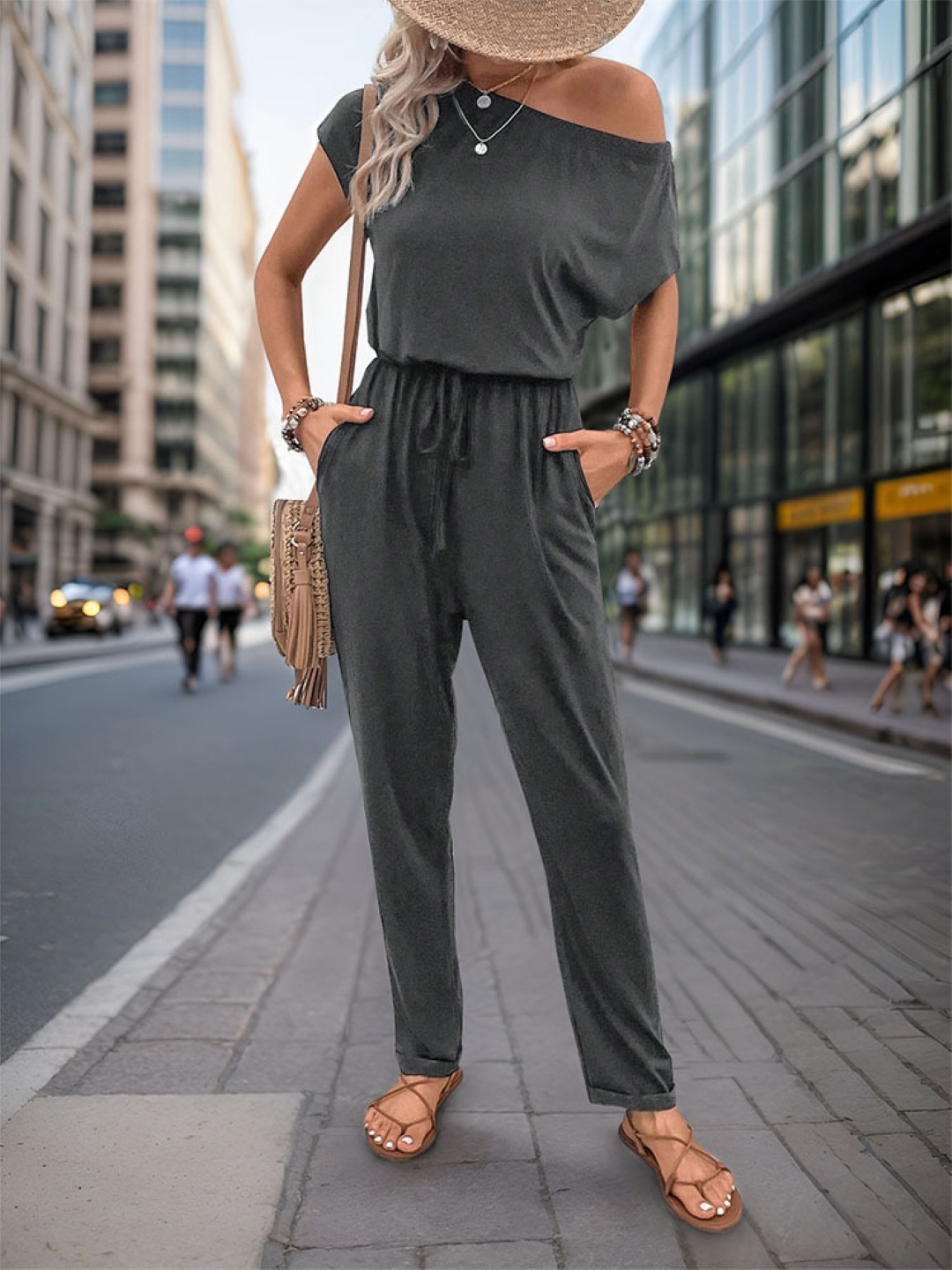 

KPOP Women One Shoulder Short Sleeves Basic Jumpsuit, Grey