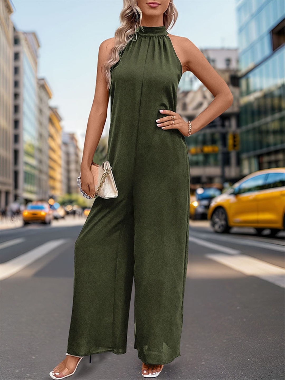 

KPOP Women Halter Neck Basic Jumpsuit, Green