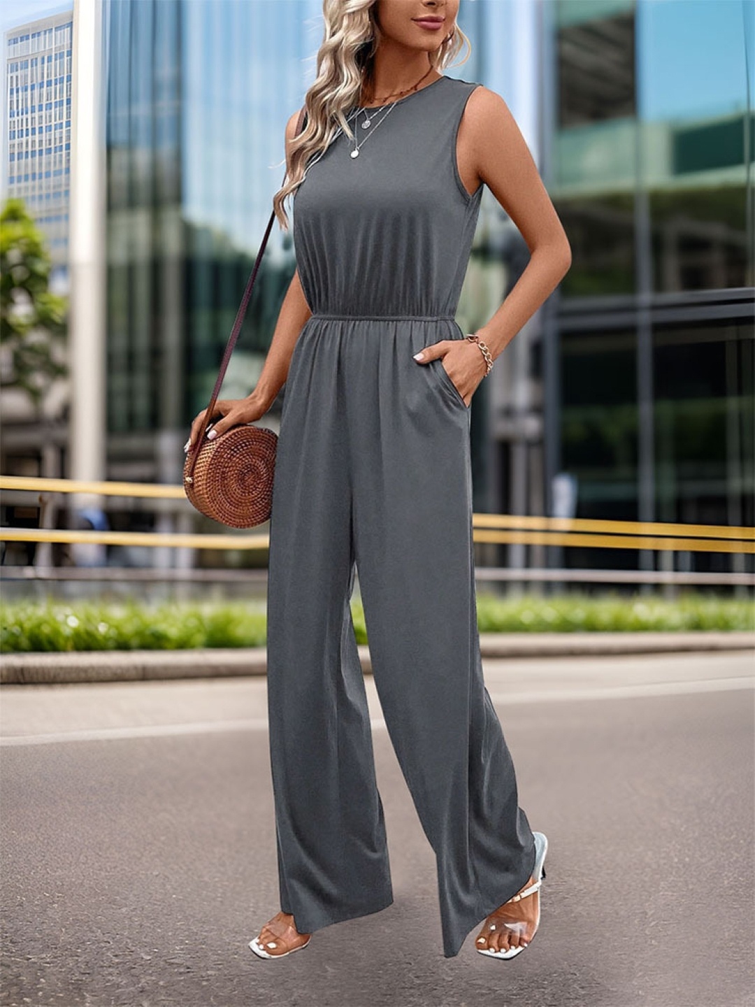 

KPOP Women Round Neck Sleeveless Basic Jumpsuit, Grey