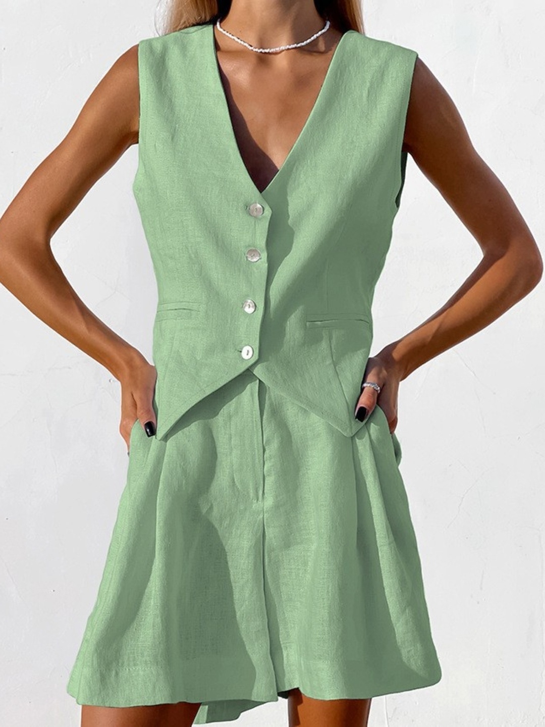 

KPOP V-Neck Sleeveless Pure Cotton Top & Short, Green