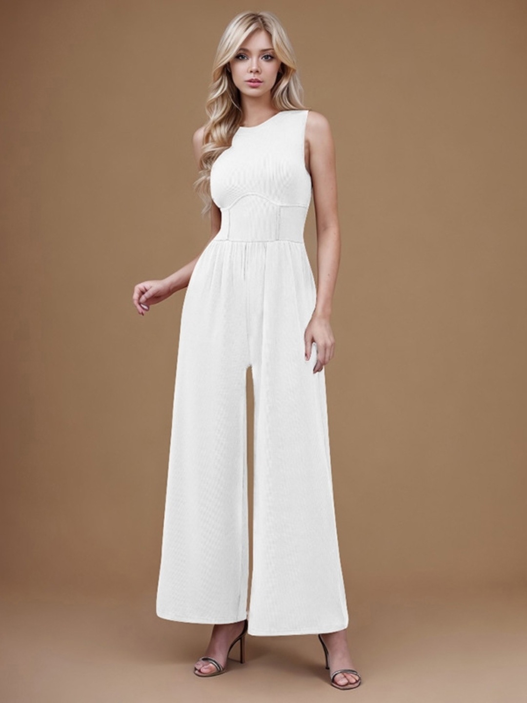 

KPOP Women Round Neck Sleeveless Basic Jumpsuit, White