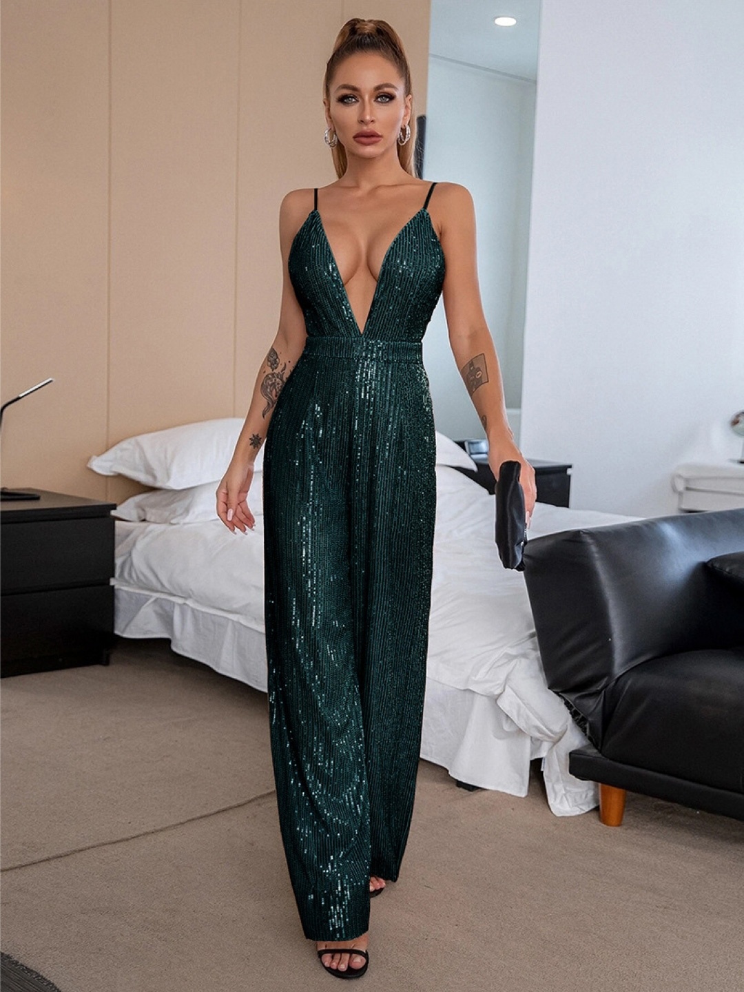 

KPOP Women Self Design Basic Jumpsuit, Green