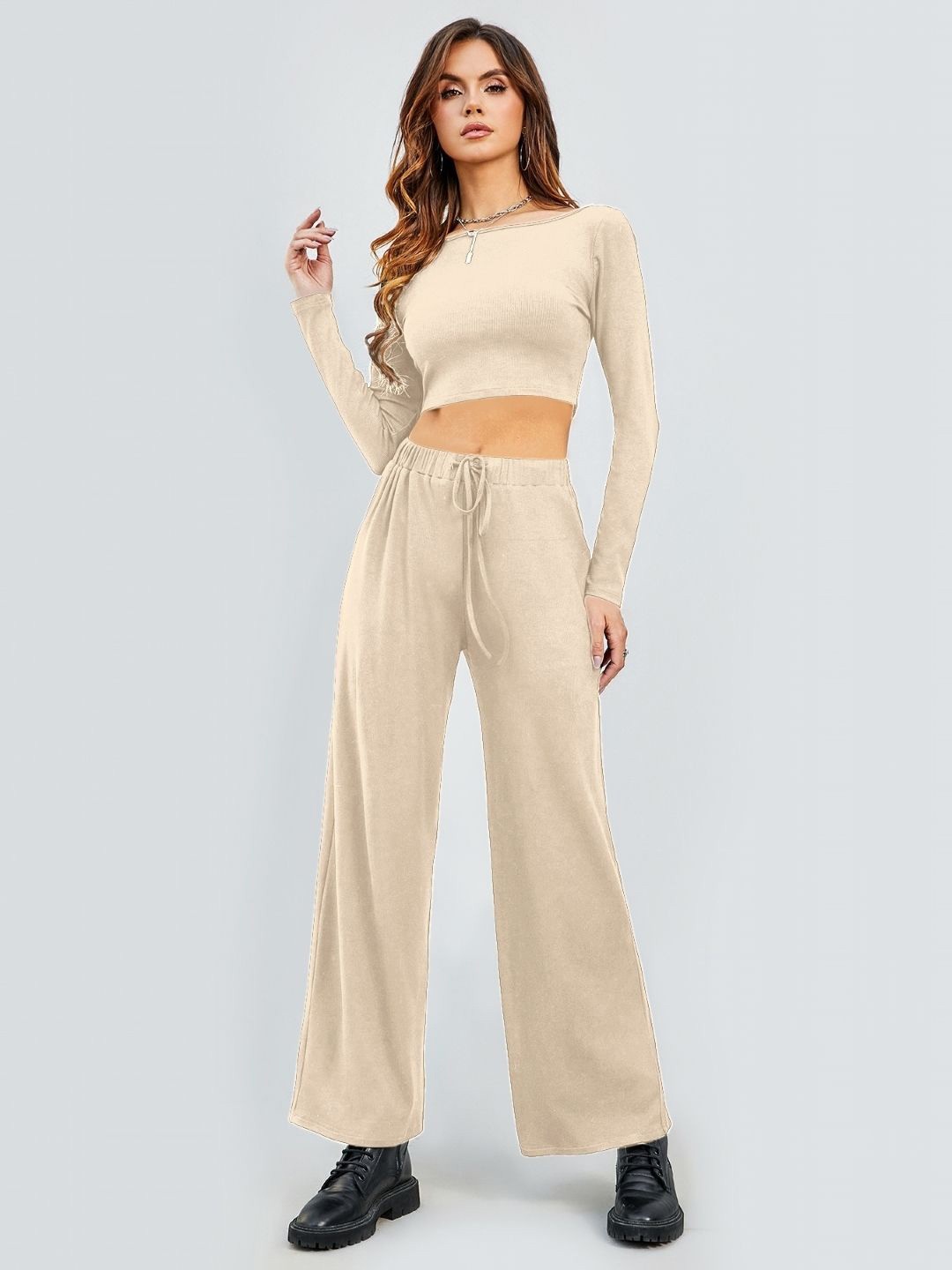 

KPOP Boat Neck Long Sleeves Crop Top & Palazzos, Cream