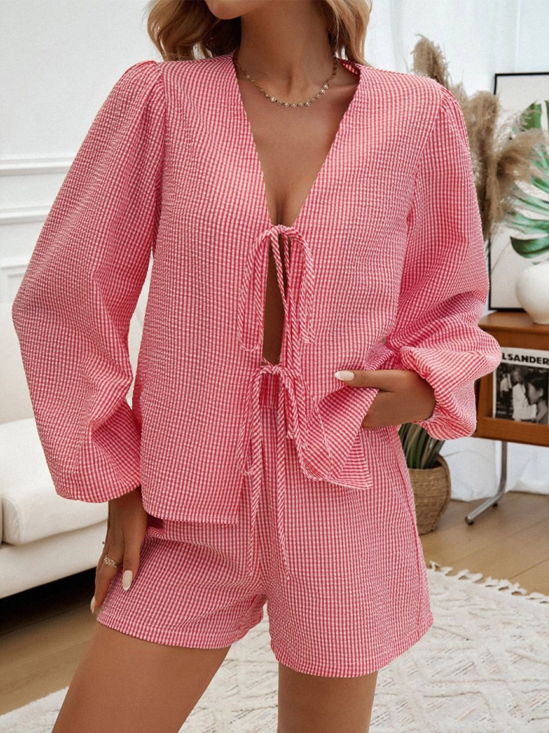 

KPOP Checked V-Neck Top With Shorts, Pink