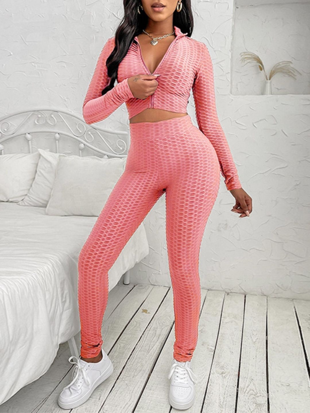 

KPOP Self Design Top With Trousers, Pink