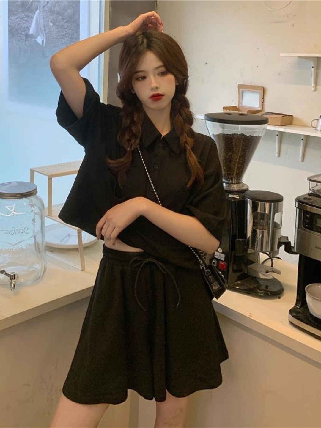 

KPOP Polo Collar Short Sleeves T-Shirt with Shorts, Black