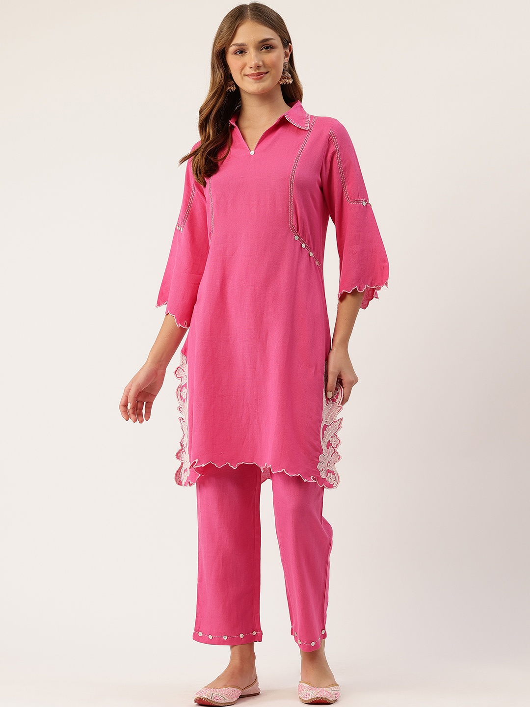 

MISRI Women Floral Embroidered Thread Work Kurta with Trousers, Pink