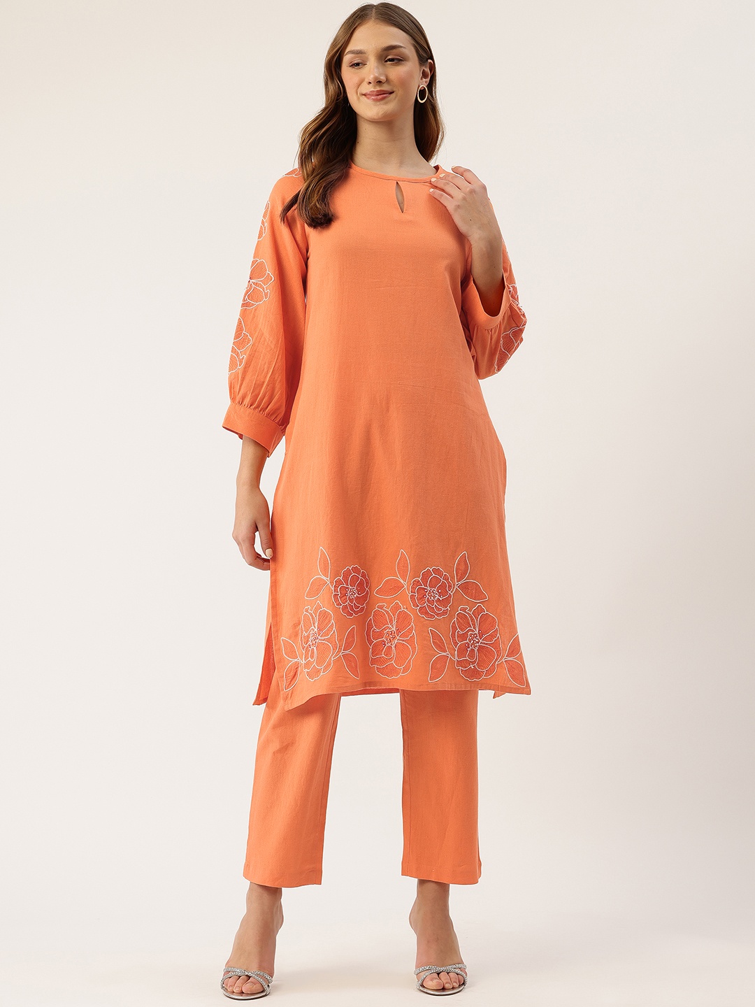 

MISRI Floral Embroidered Beads & Stones Pure Cotton Kurta with Trousers, Orange