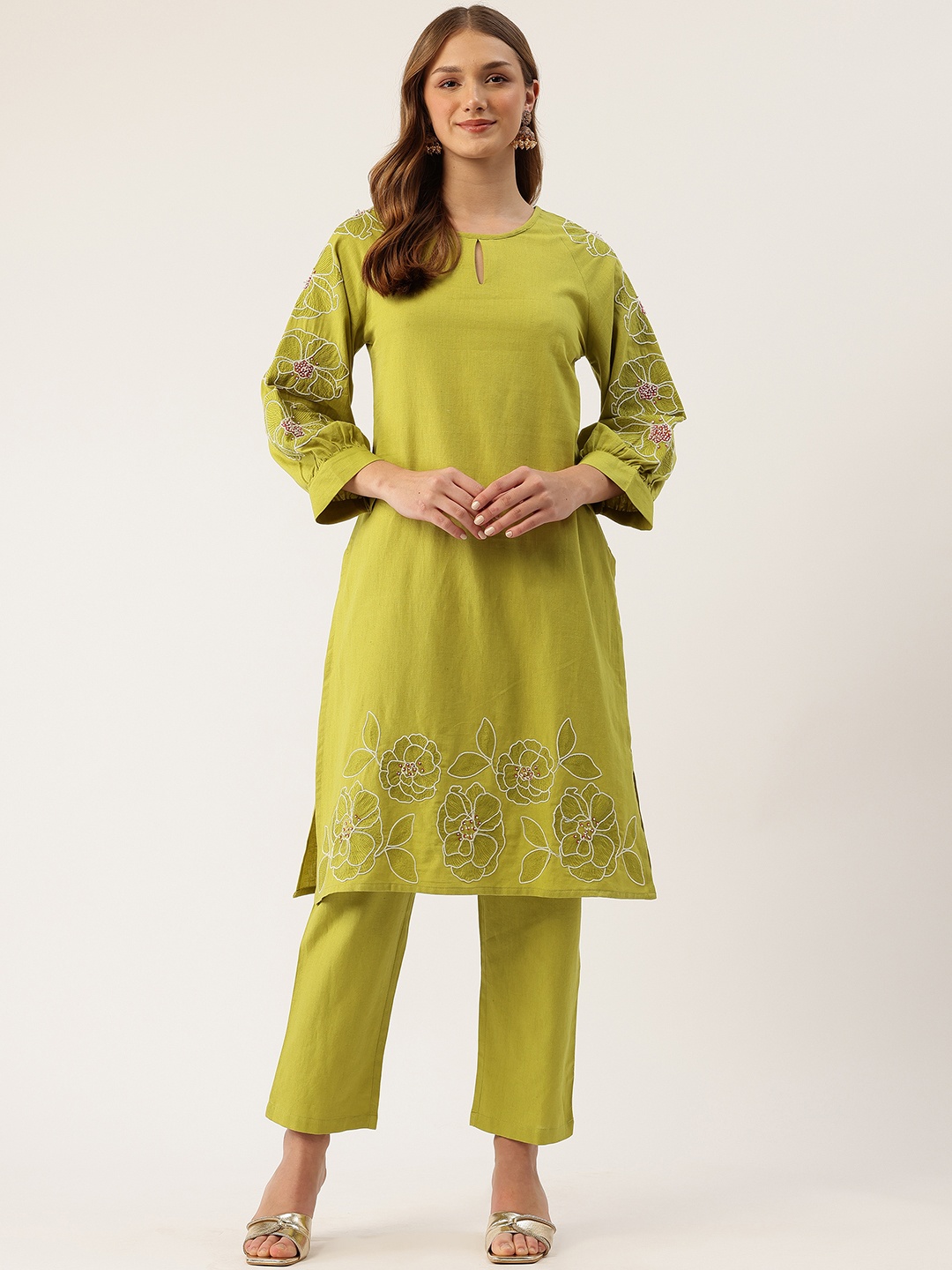 

MISRI Floral Embroidered Beads & Stones Pure Cotton Kurta with Trousers, Green