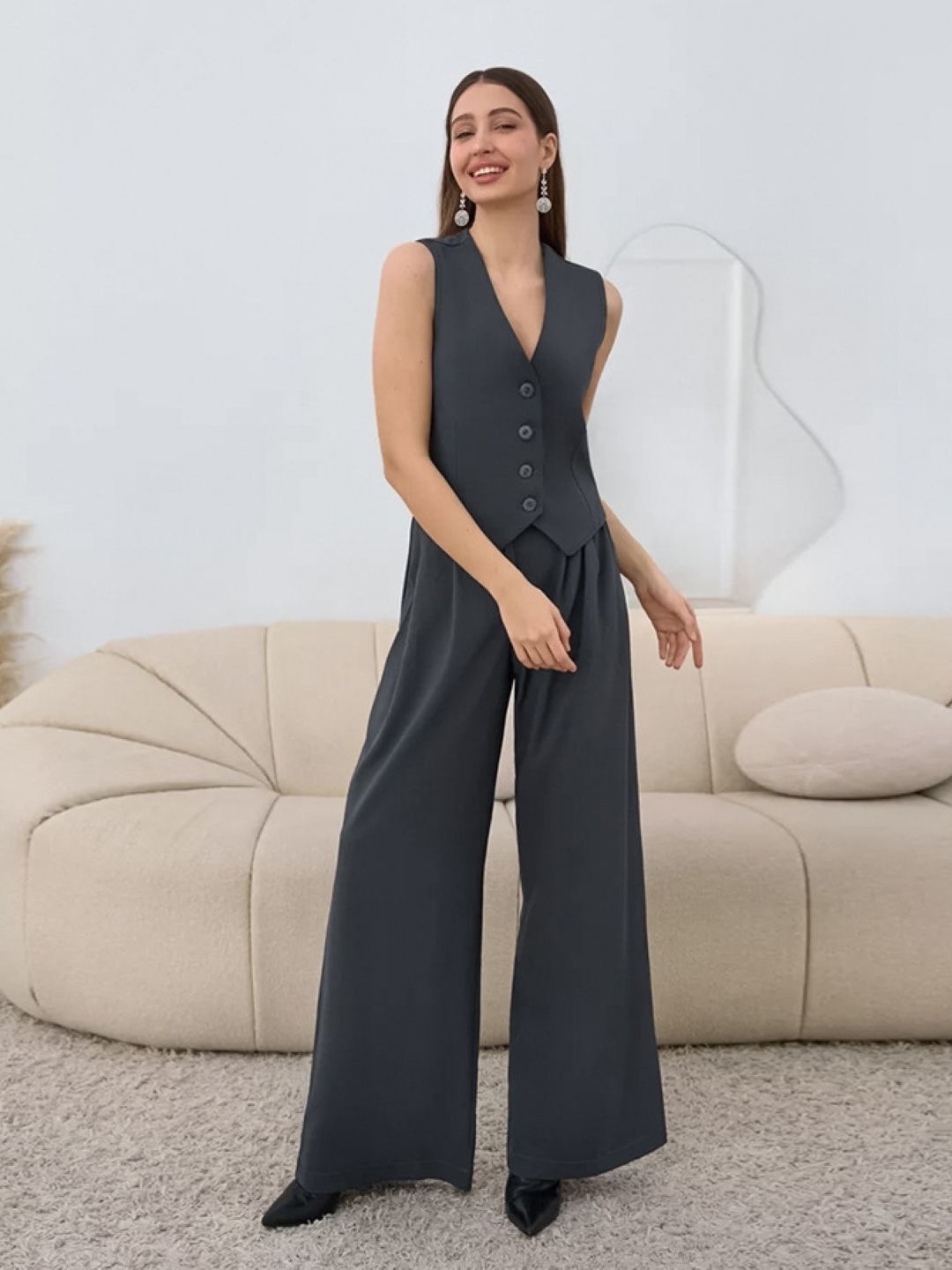 

KPOP V-Neck Waistcoat With Trousers, Black