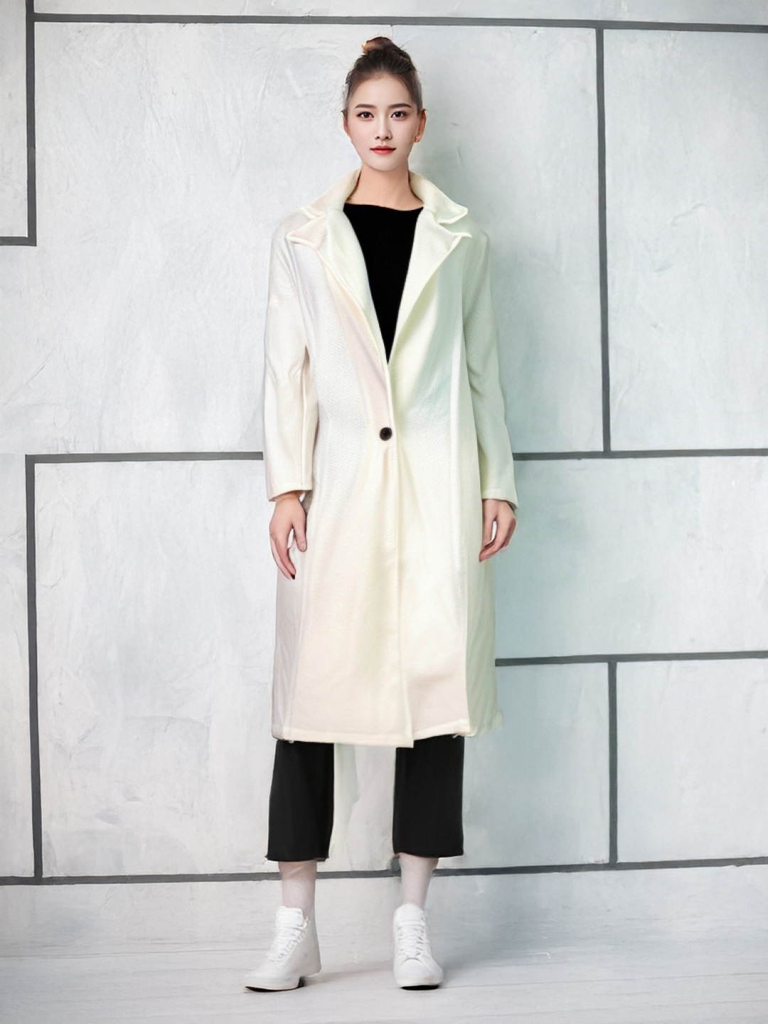 

KPOP Women Longline Lapel Collar Open Front Jacket, White