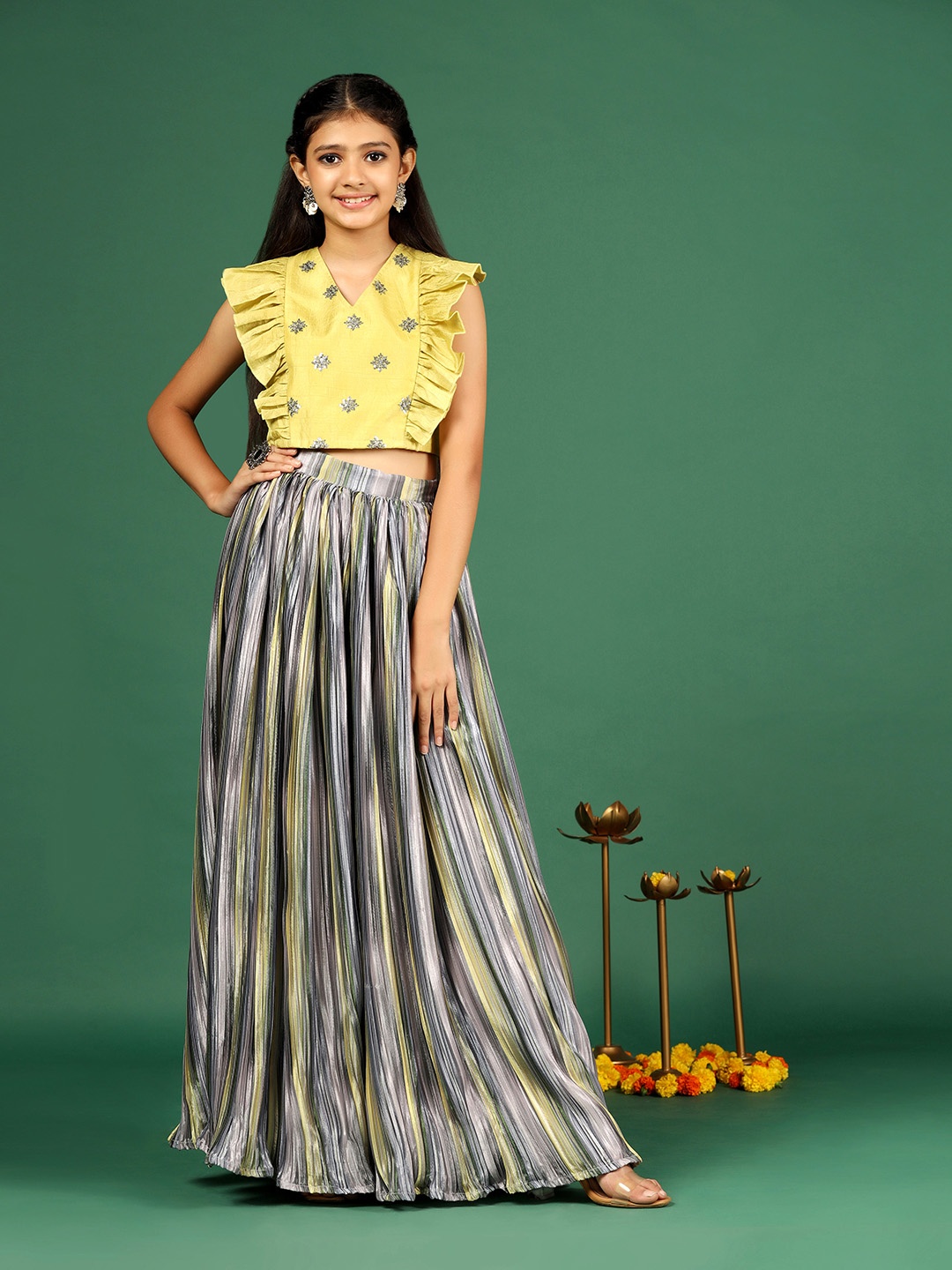

BAESD Girls Embroidered V-Neck Ready to Wear Lehenga & Blouse, Yellow