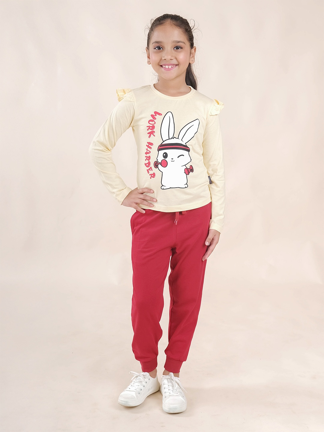 

KiddoPanti Girls Printed Pure Cotton Top With Jogger, Cream