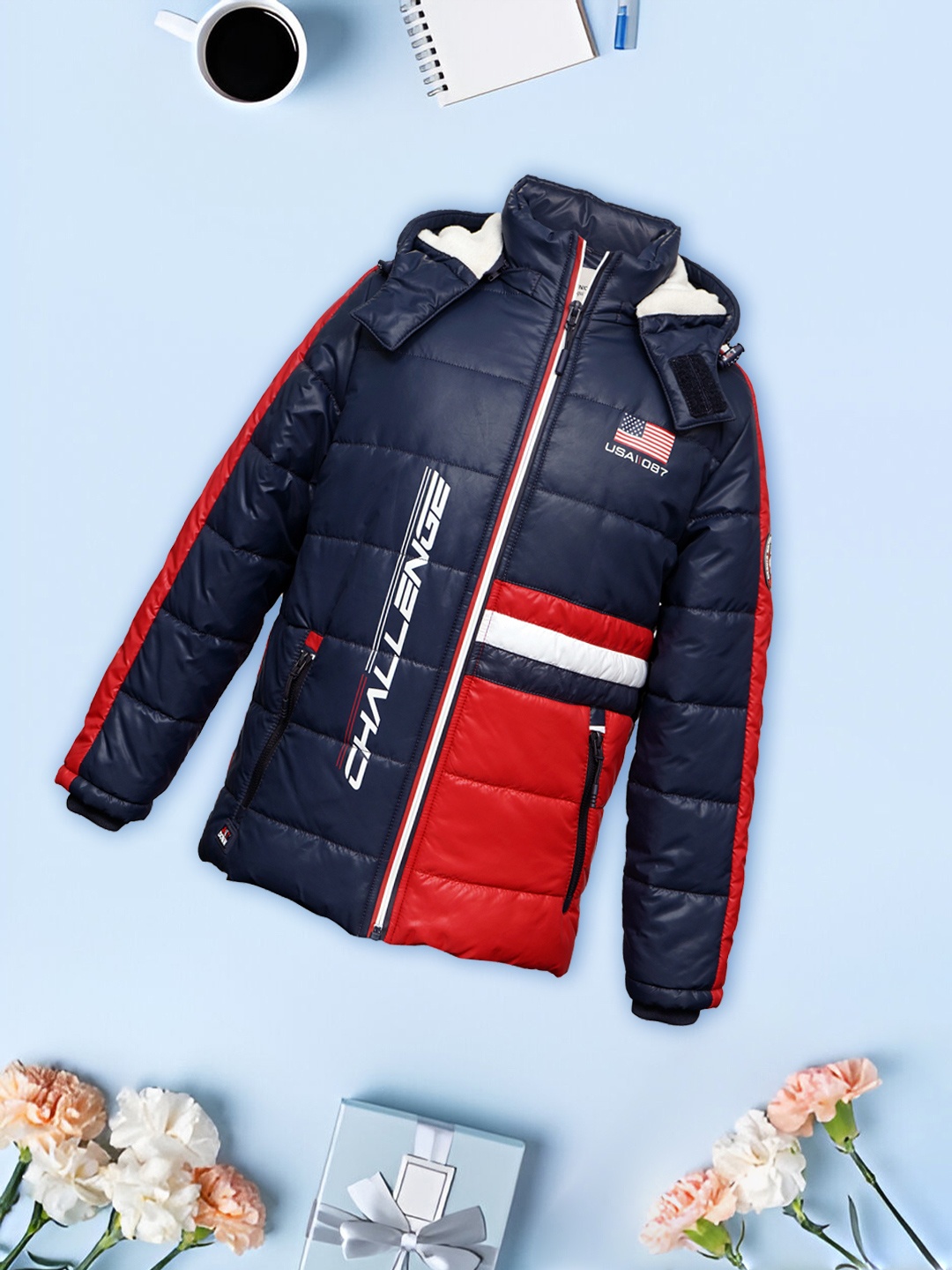 

LURE JUNIOR Boys Hooded Colourblocked Outdoor Puffer Jacket, Navy blue