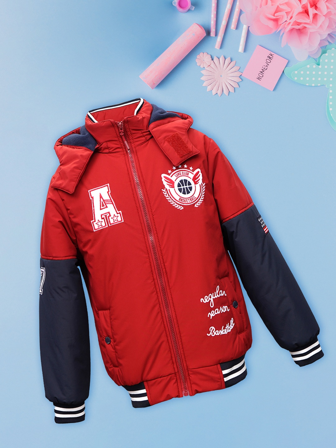 

LURE JUNIOR Boys Hooded Outdoor Puffer Jacket with Patchwork, Red