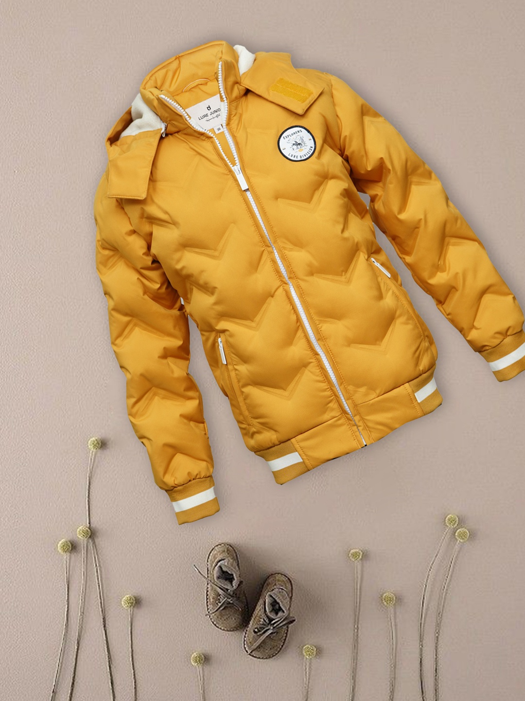 

LURE JUNIOR Boys Hooded Outdoor Puffer Jacket with Patchwork, Yellow