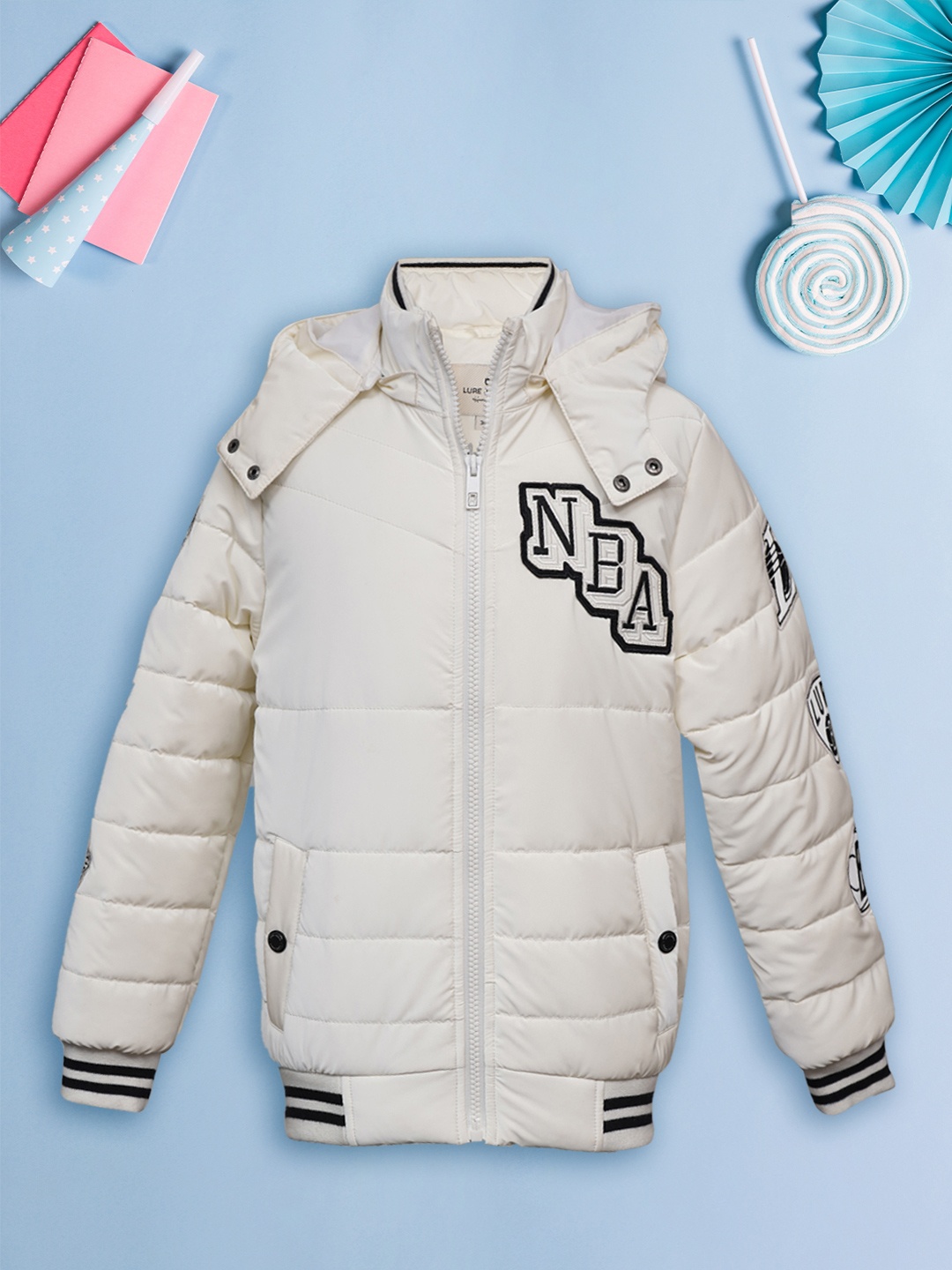 

LURE JUNIOR Boys Hooded Outdoor Puffer Jacket with Patchwork, White