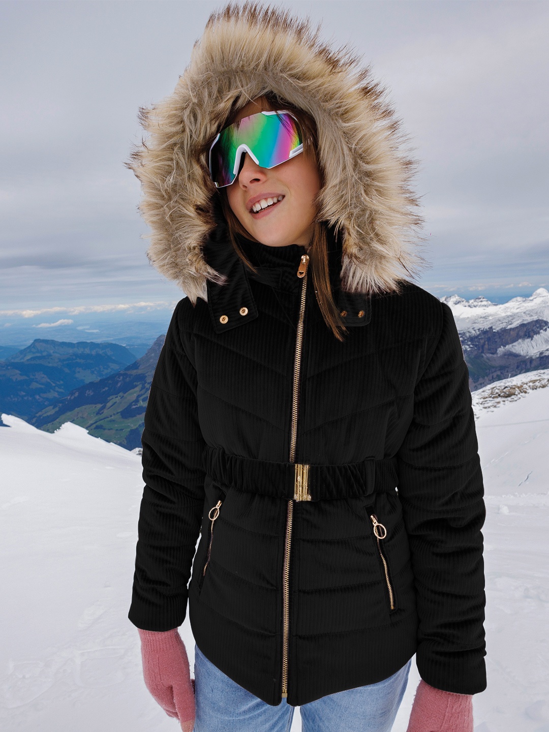 

LURE JUNIOR Girls Hooded Outdoor Faux Fur Trim Puffer Jacket, Black