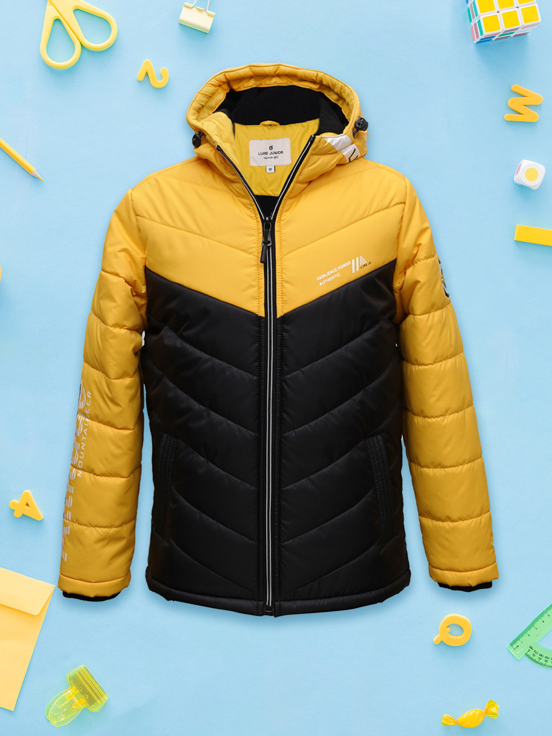 

LURE JUNIOR Boys Colourblocked Hooded Outdoor Puffer Jacket, Yellow