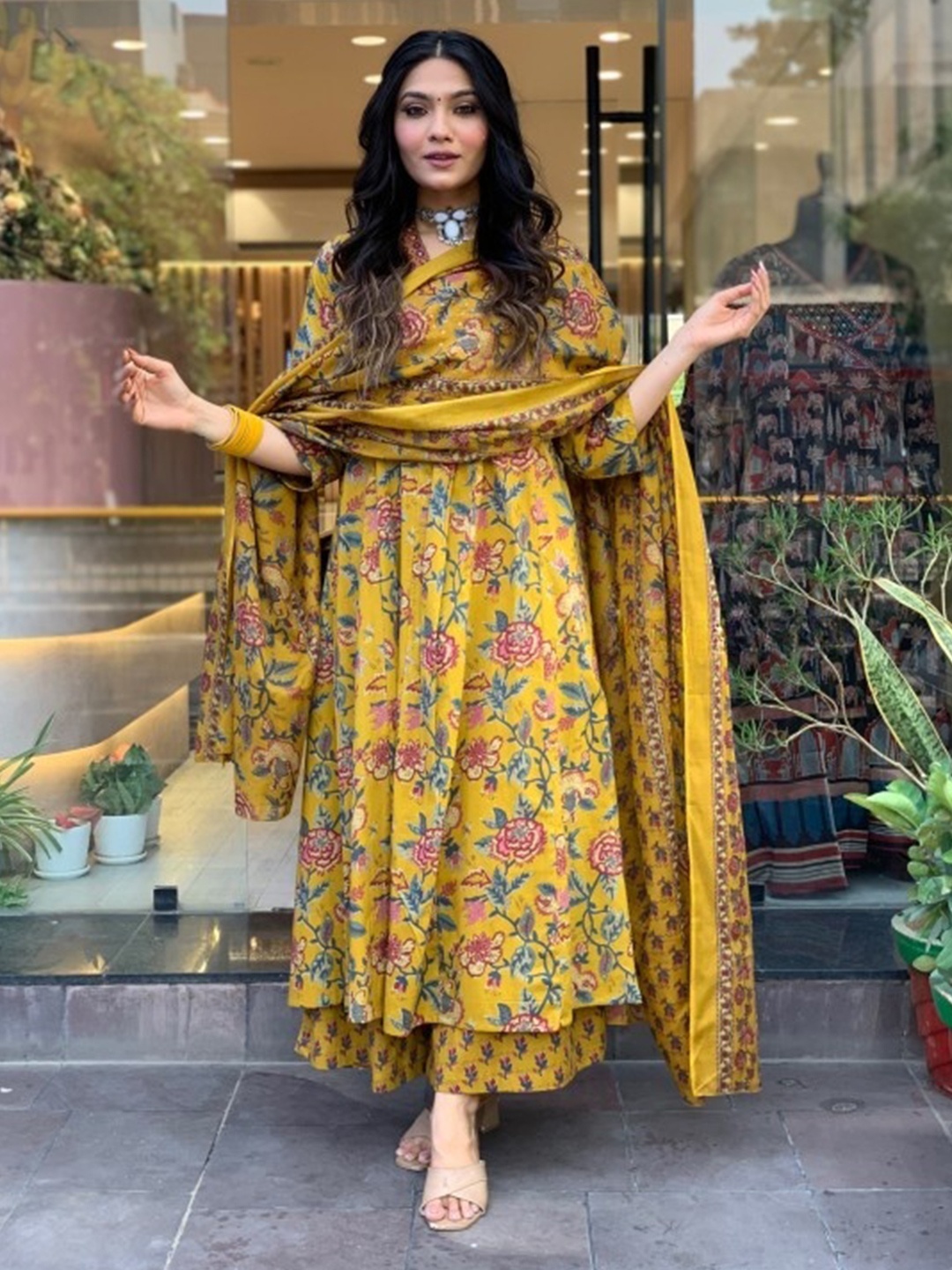

KALINI Floral Printed Mirror Work Pure Cotton Anarkali Kurta With Palazzos & Dupatta, Mustard