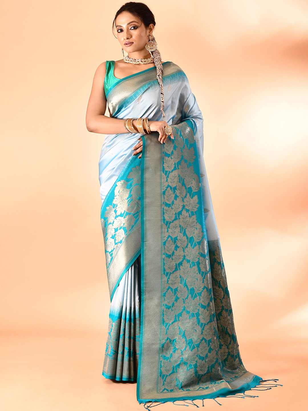 

elora Ethnic Motifs Zari Banarasi Saree, Turquoise blue