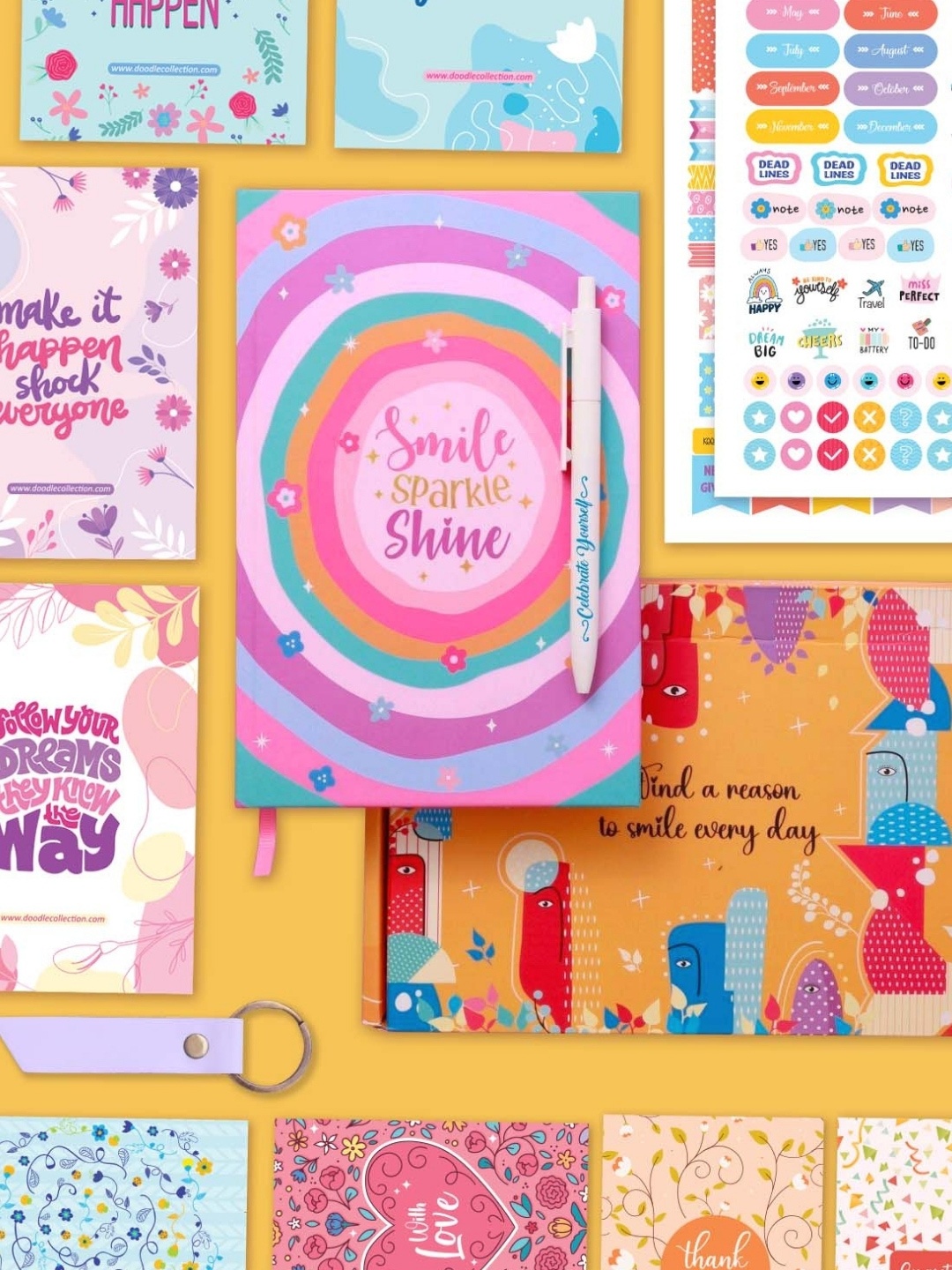 

Doodle Pink & Yellow Joyful Sparkle Undated A5 Planner Gift Set