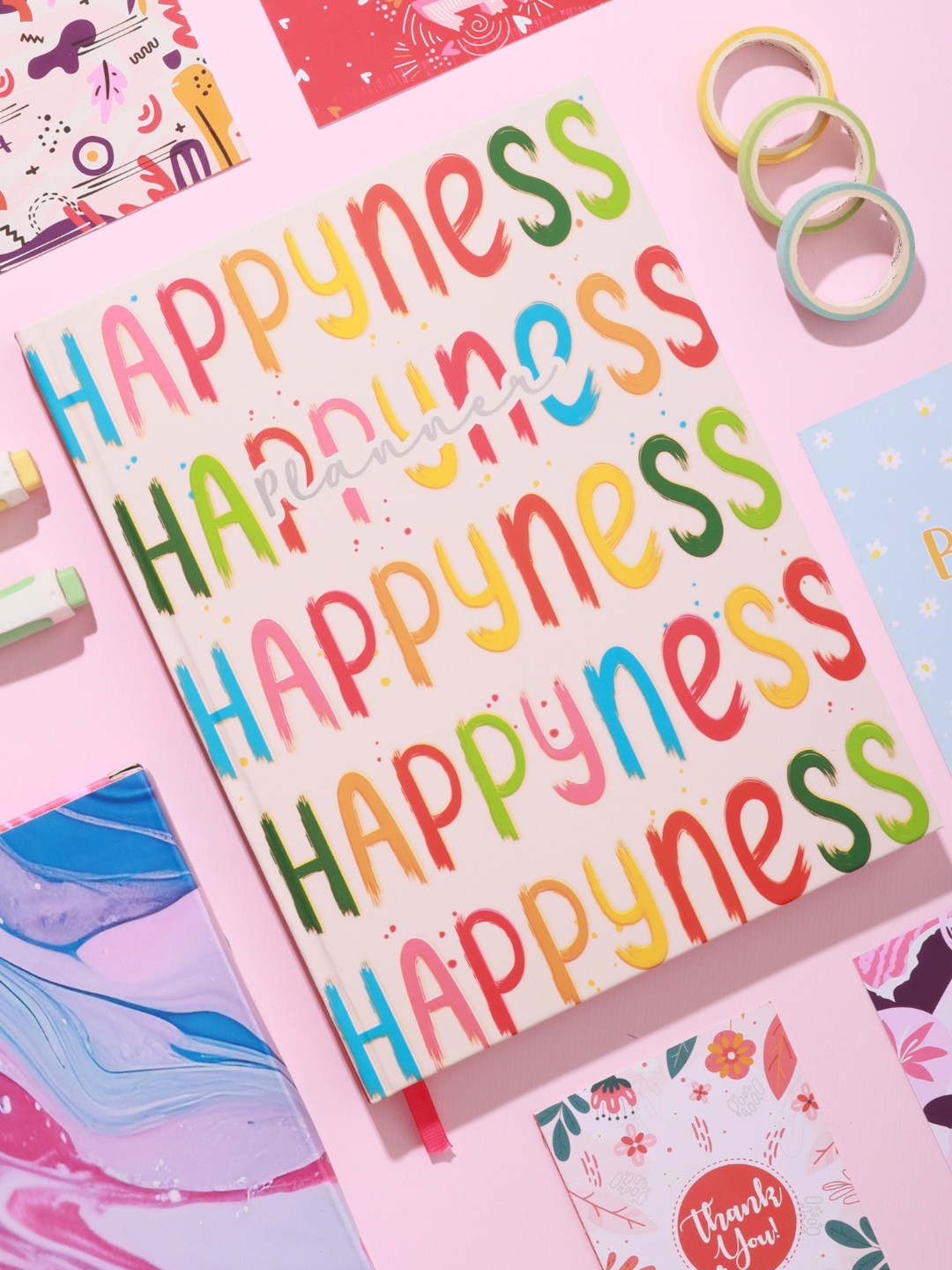 

Doodle pink & Yellow Happyness Galor Hard Bound B5 Undated Planner with Bookmark-160 Pages