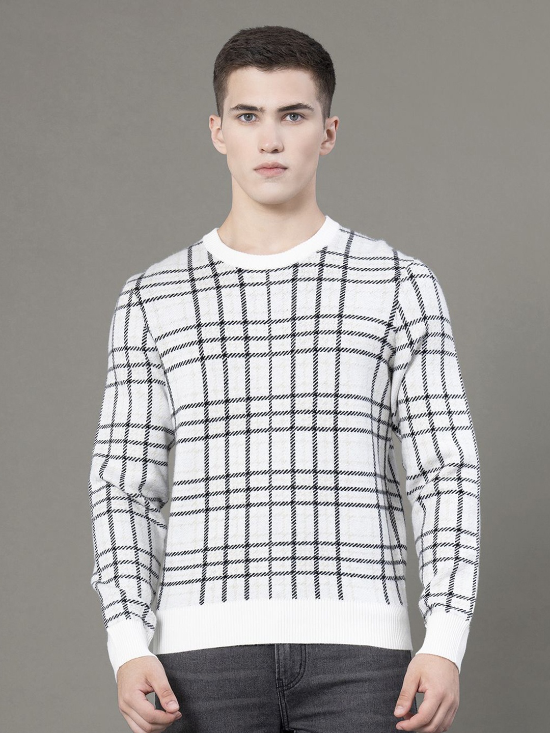 

Red Tape Checked Round Neck Pullover Sweater, Off white