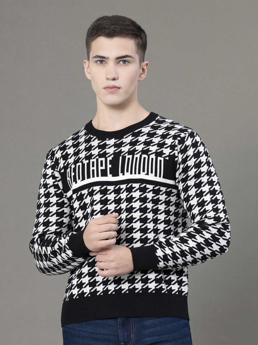

Red Tape Abstract Printed Round Neck Pullover Sweater, Black