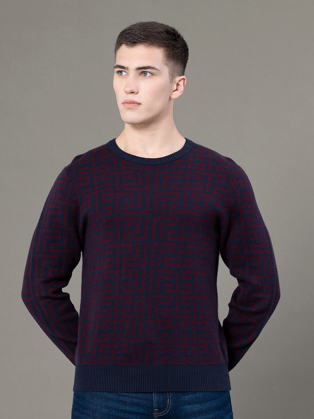 

Red Tape Men Abstract Round Neck Sweater, Maroon