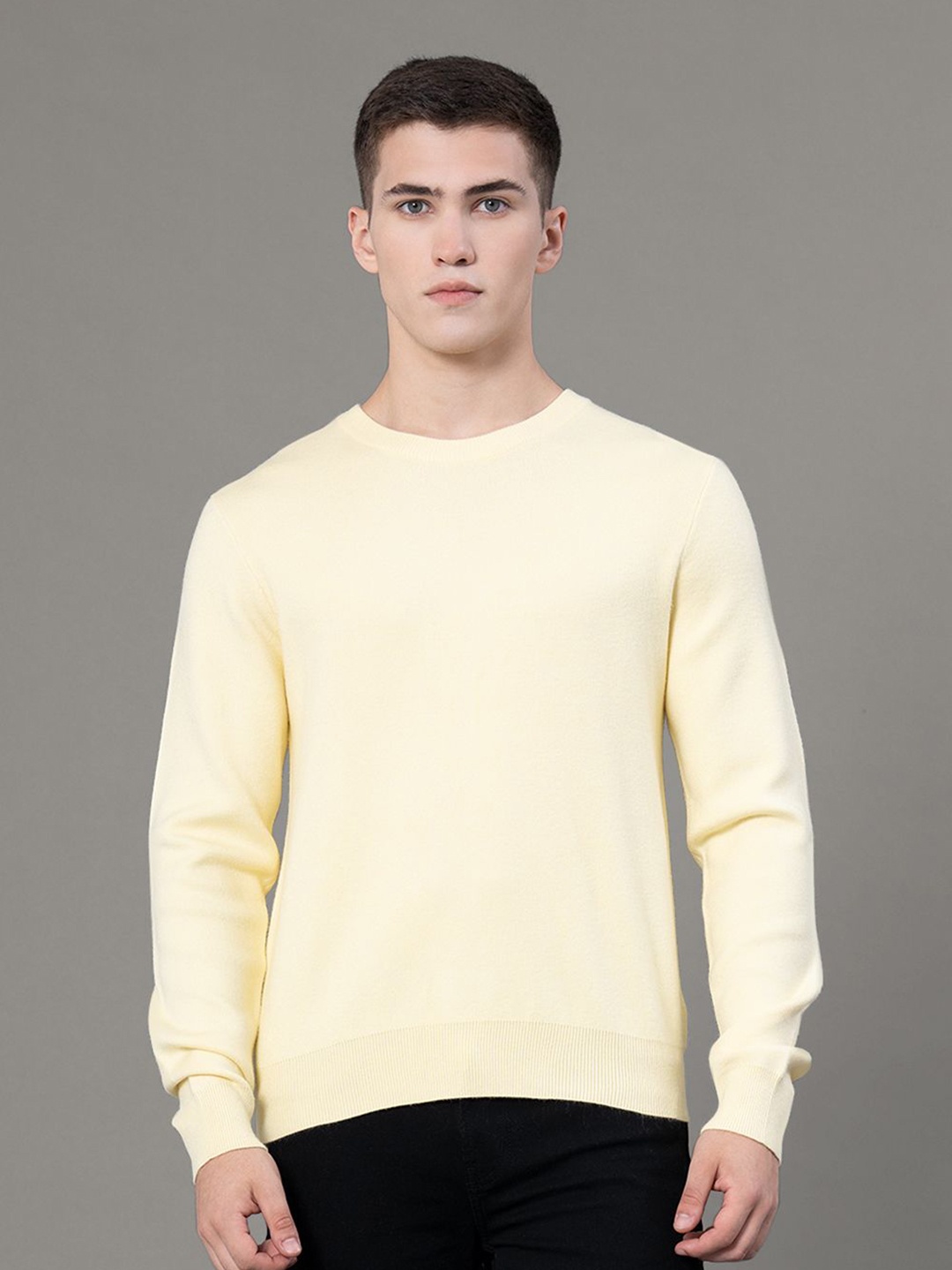 

Red Tape Men Solid Round Neck Sweater, Yellow