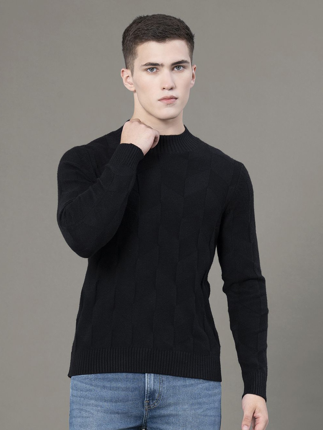 

Red Tape Men Abstract Mock Neck Sweater, Black
