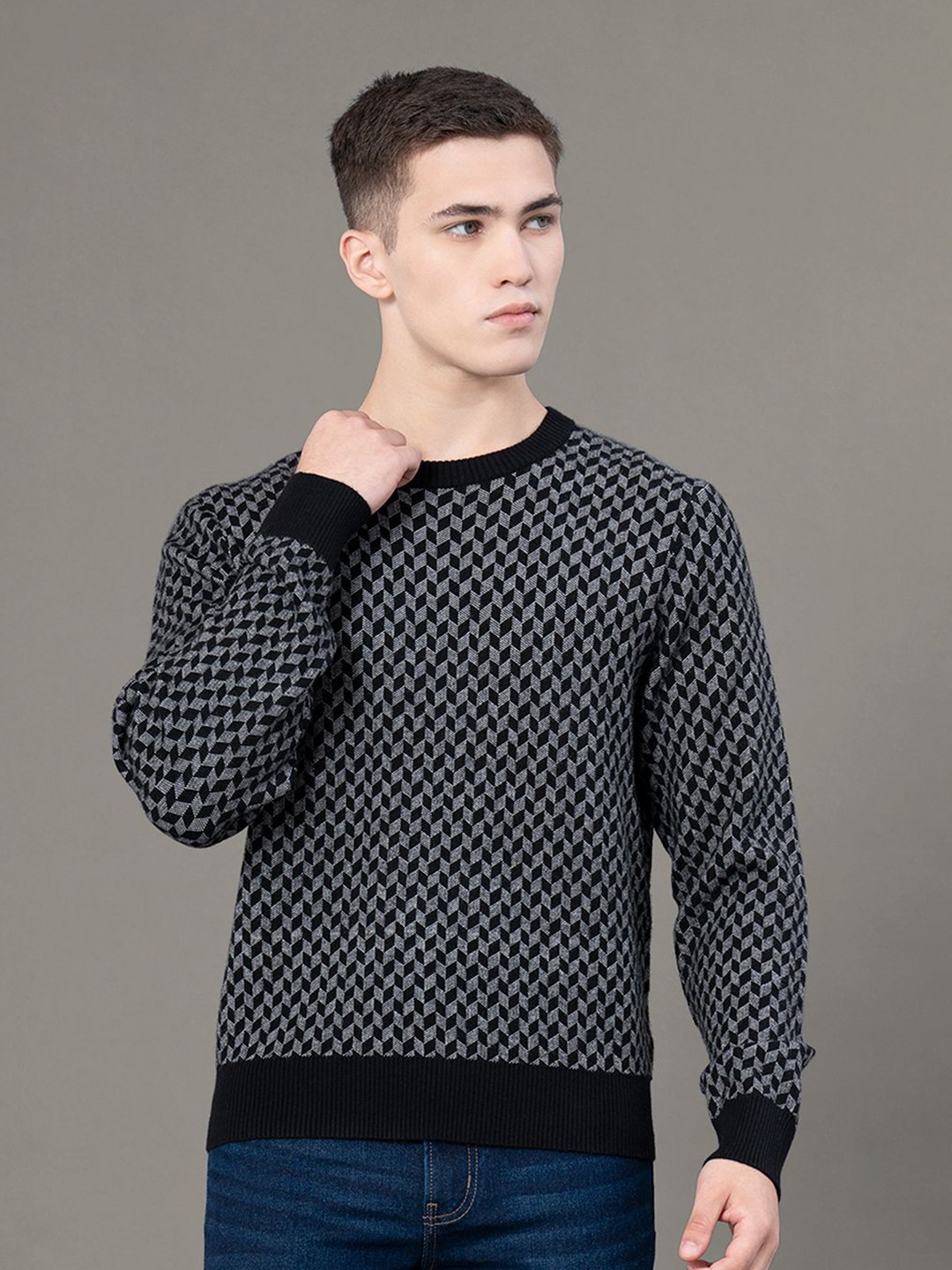 

Red Tape Men Abstract Round Neck Sweater, Black