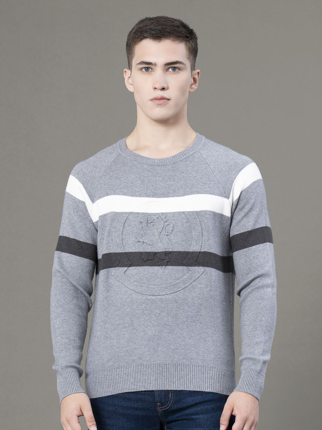 

Red Tape Men Embossed Round Neck Sweater, Grey