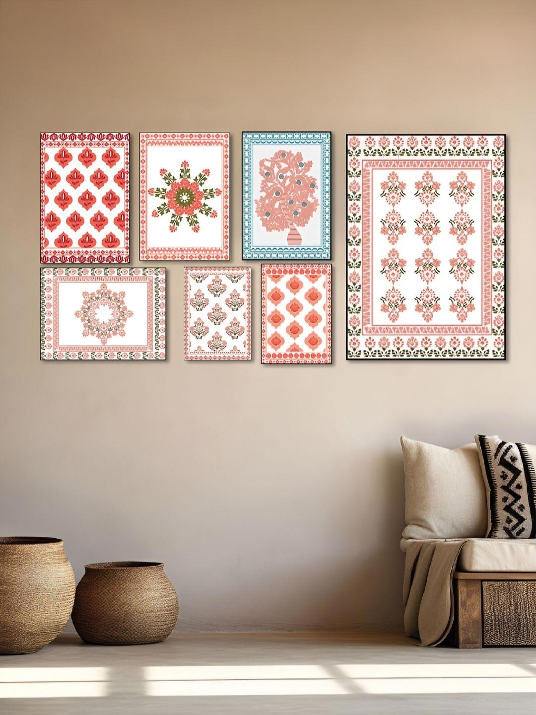 

nestroots White & Red 7 Pieces Rhythm of Life Printed Religious Canvas Wall Art