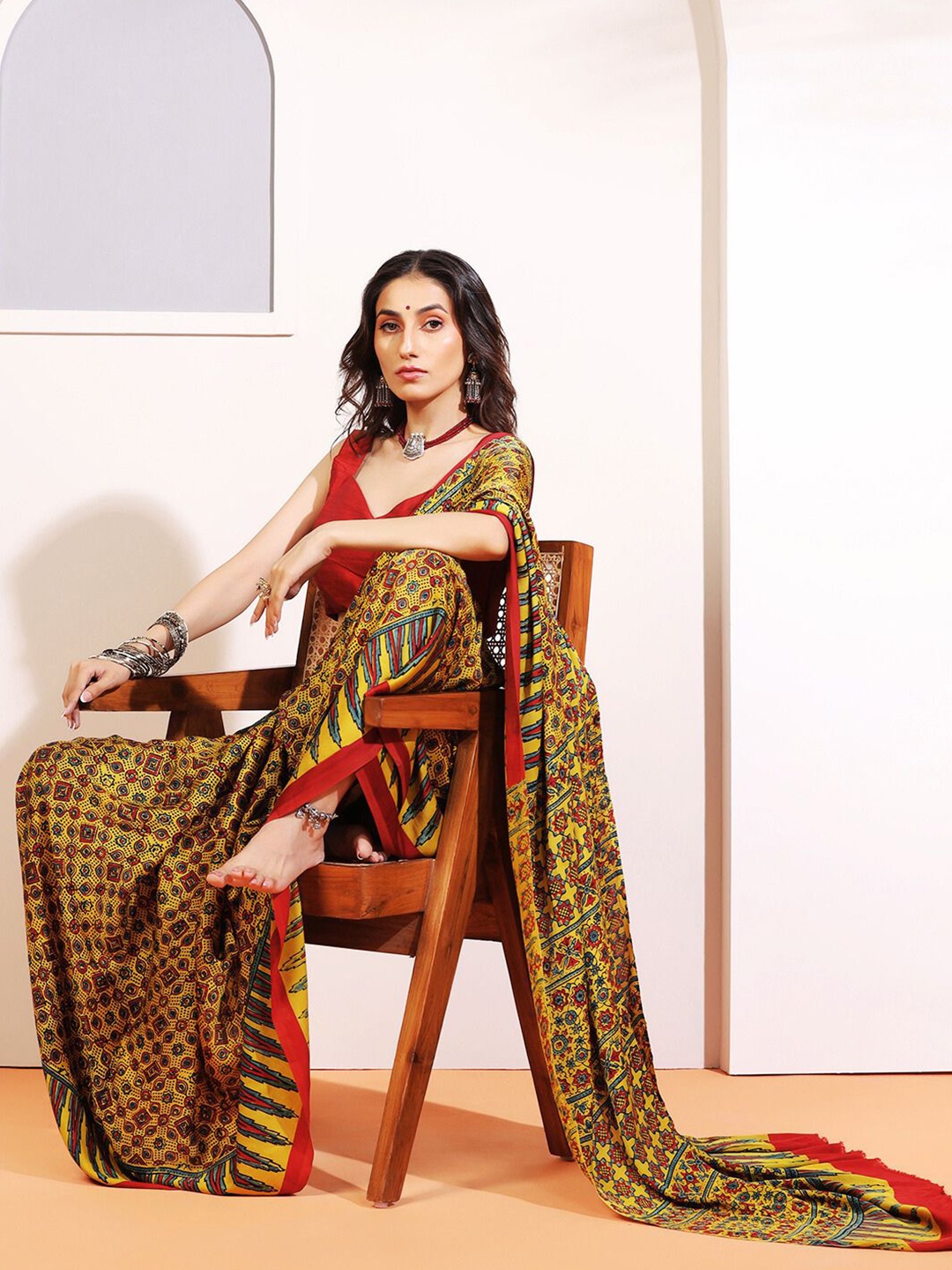 

ADITRI Handloom Handblock Printed Ajrakh Modal Silk Saree, Mustard
