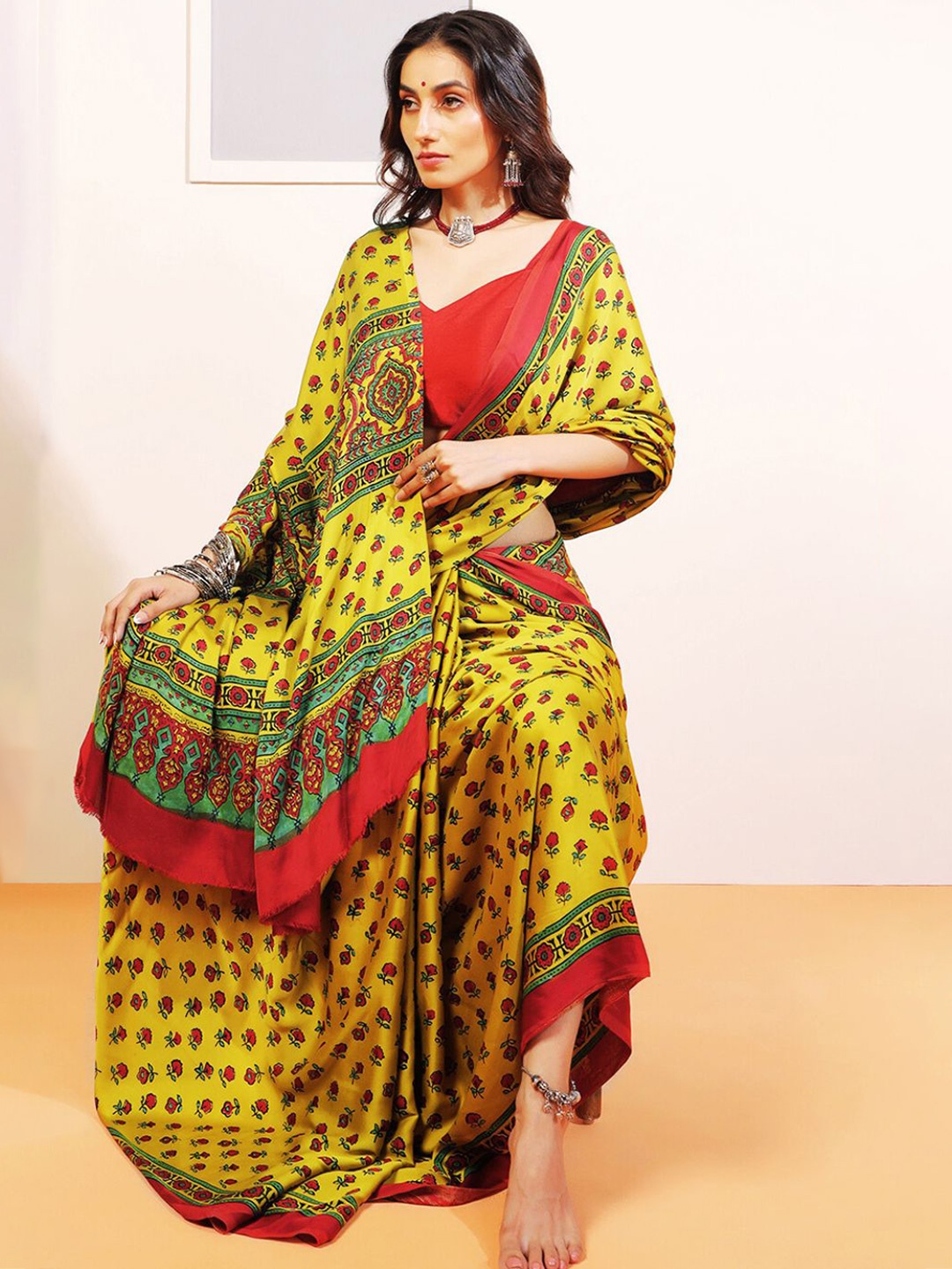 

ADITRI Handloom Handblock Printed Ajrakh Modal Silk Saree, Yellow