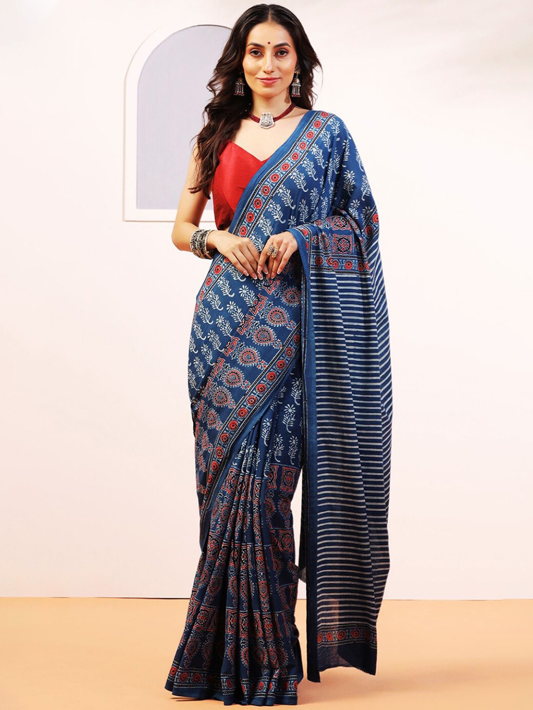 

ADITRI Handblock Printed Ajrakh Pure Cotton Saree, Blue